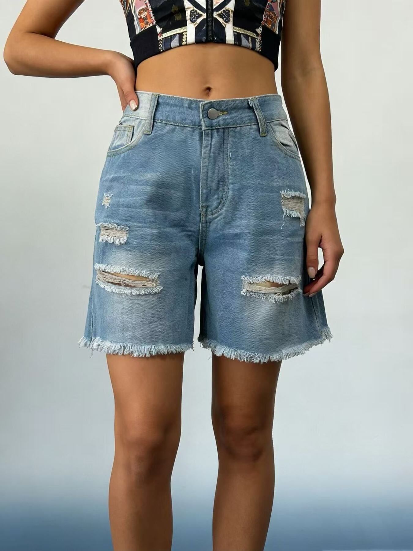 Plus Size Ripped Frayed Hem Denim Shorts - Be Bliss Boutique