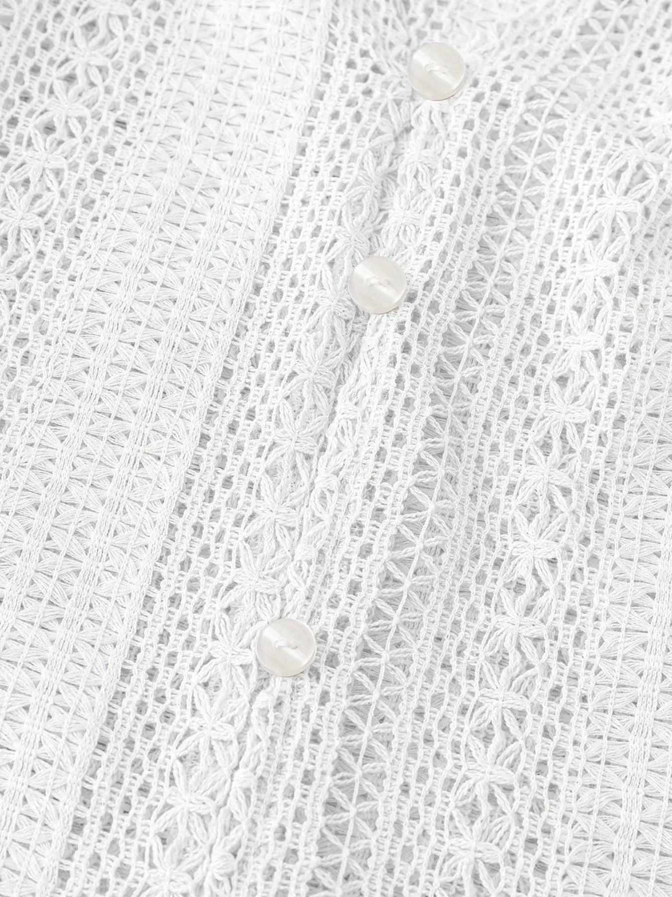 Crochet Notched Button-Front Shirt -  Be Bliss Boutique