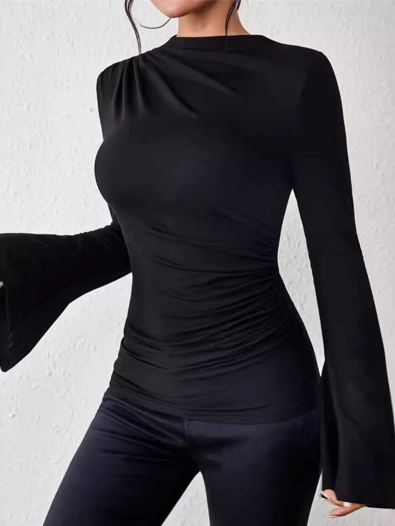 Bell Sleeve Ruched Fitted T-Shirt with Mock Neck - Be Bliss Boutique