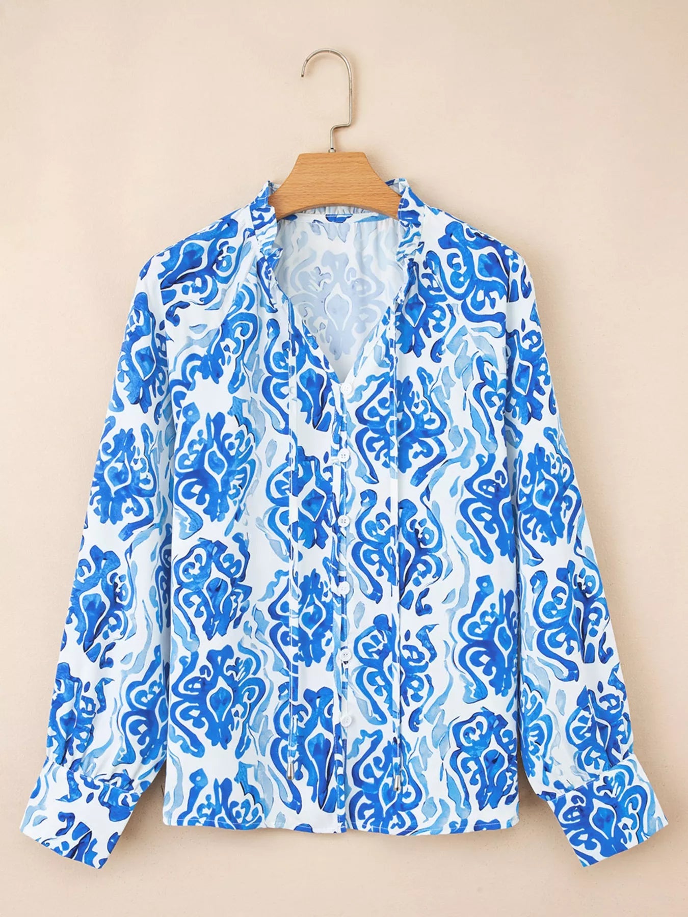 Printed Tie Split Neck Button Front Puff Sleeve Shirt -  Be Bliss Boutique