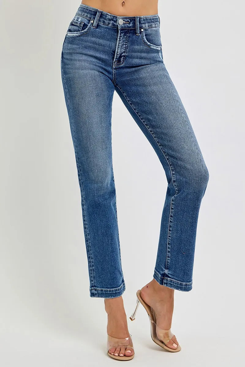 RISEN Full Size Tummy Control Elastic Band Mid Rise Straight Jeans Plus Size -  Be Bliss Boutique