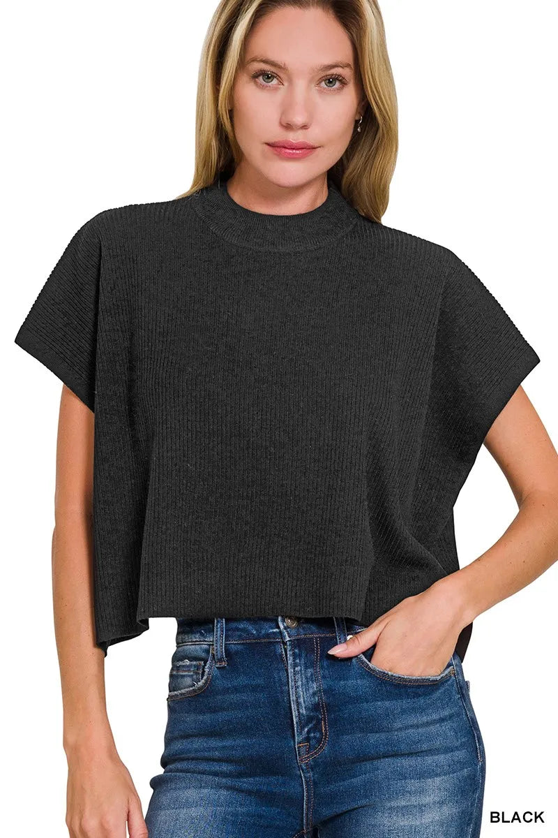 Zenana Viscose Mock Neck Short Sleeve Boxy Sweater -  Be Bliss Boutique