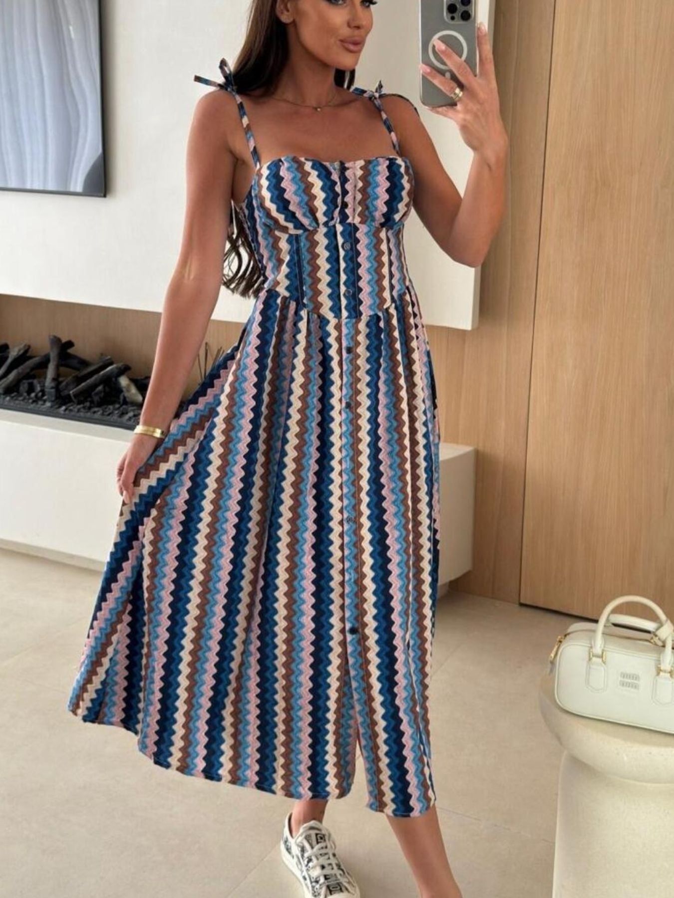 Striped Tie Shoulder Midi Dress - Be Bliss Boutique