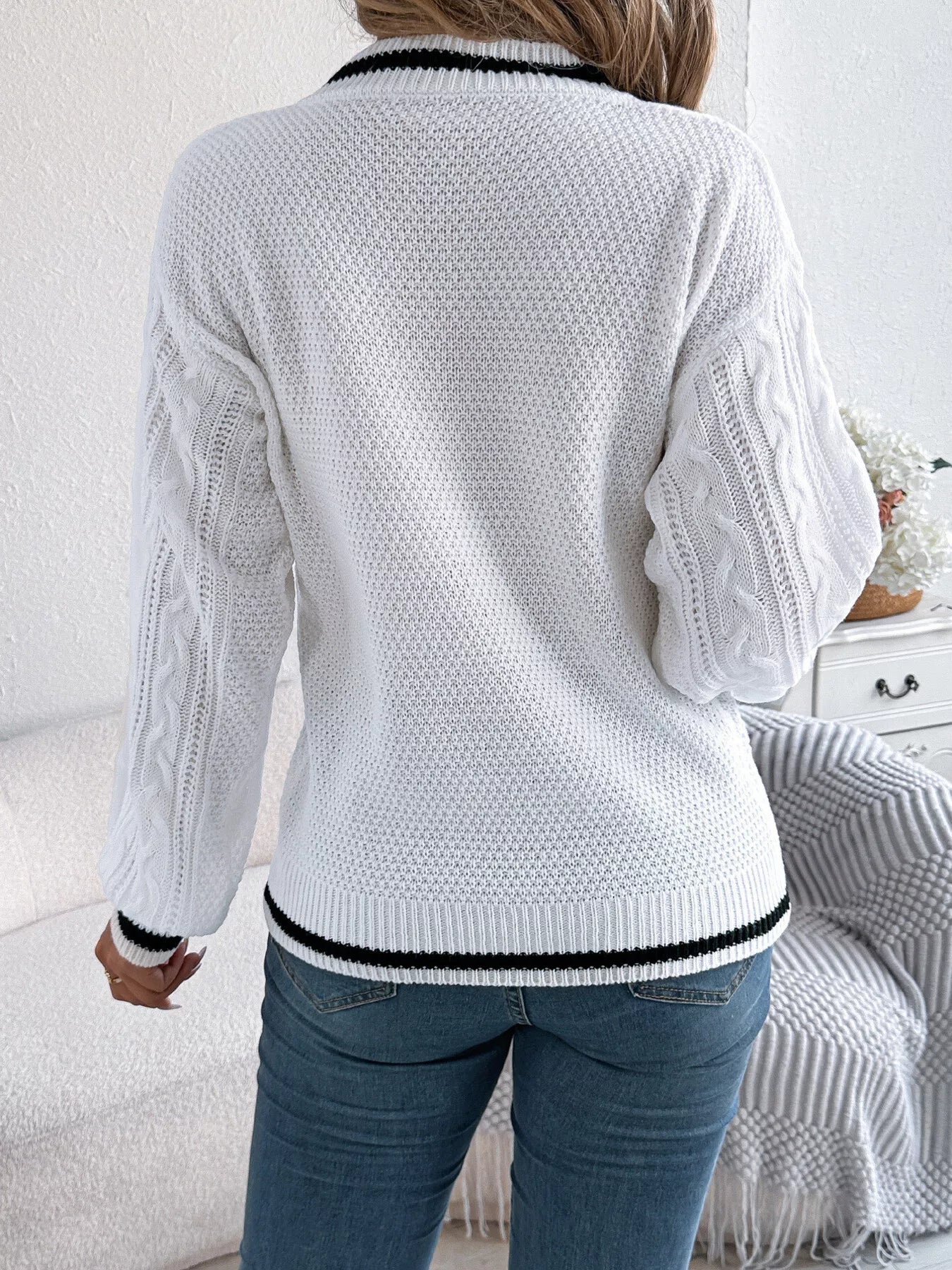 Cable Knit V-Neck Long Sleeve Sweater - Be Bliss Boutique