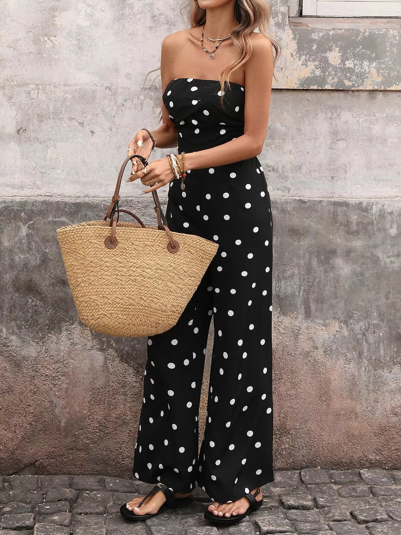 Polka Dot Strapless Wide Leg Jumpsuit - Be Bliss Boutique