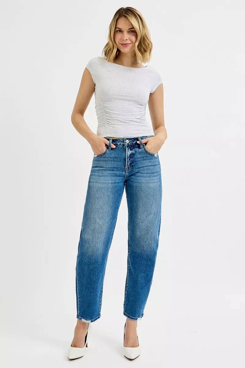 RISEN Tummy Control High Rise Ankle Slim Barrel Jeans - Be Bliss Boutique