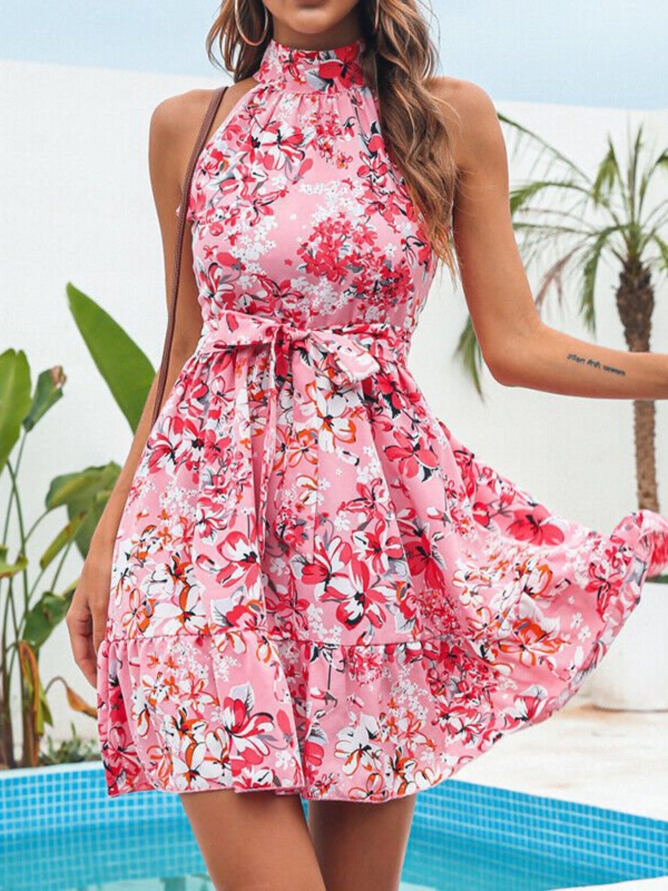 Floral Tie Waist Halter Neck Ruffle Mini Dress - Be Bliss Boutique