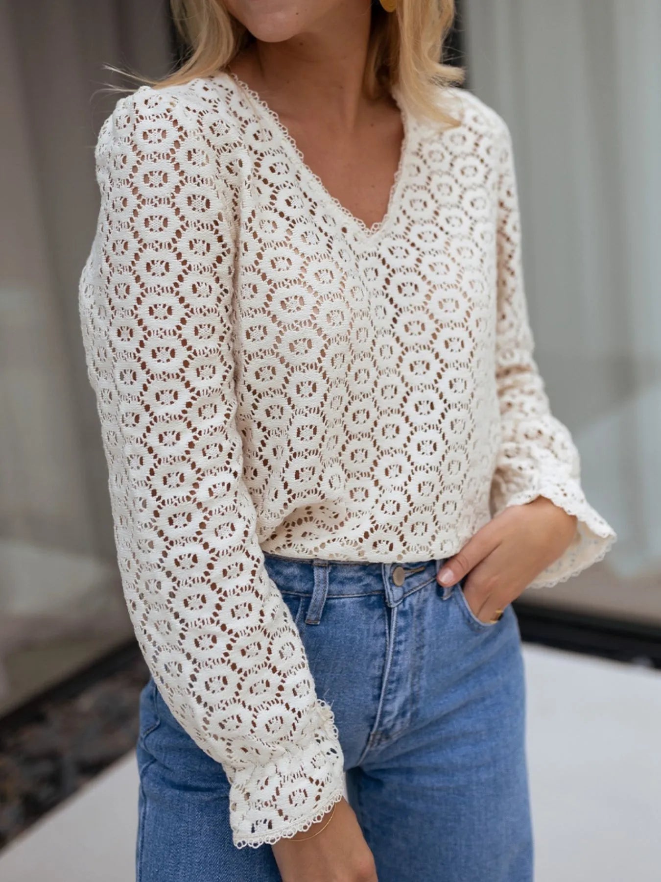 Crochet Lace V-Neck Long Sleeve Blouse -  Be Bliss Boutique