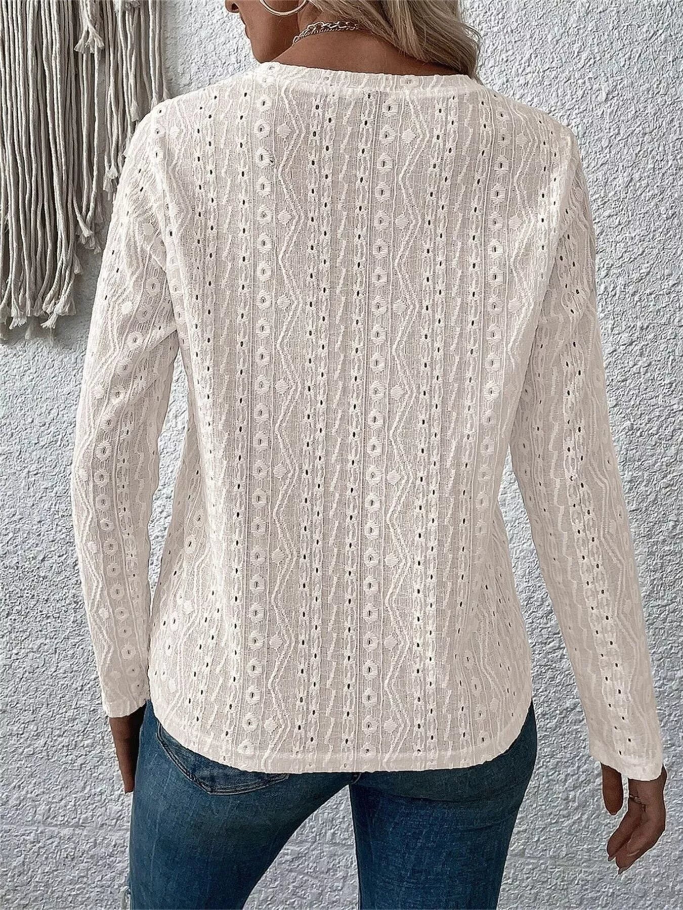 Full Size Eyelet Round Neck Long Sleeve Blouse Plus Size -  Be Bliss Boutique