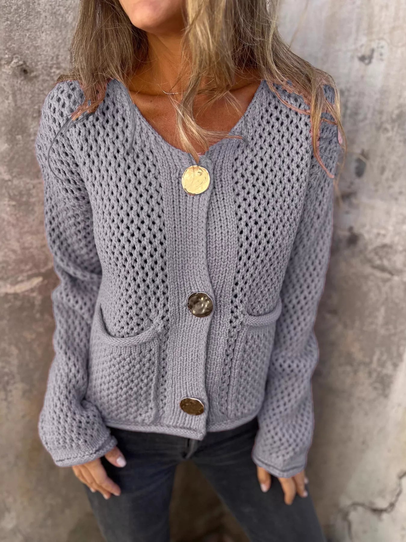 Crochet Button Up Long Sleeve Cardigan -  Be Bliss Boutique