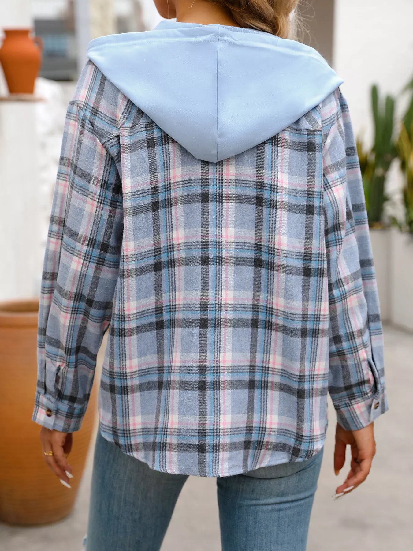 Plaid Button-Up Hooded Shirt with Chest Pocket - Be Bliss Boutique