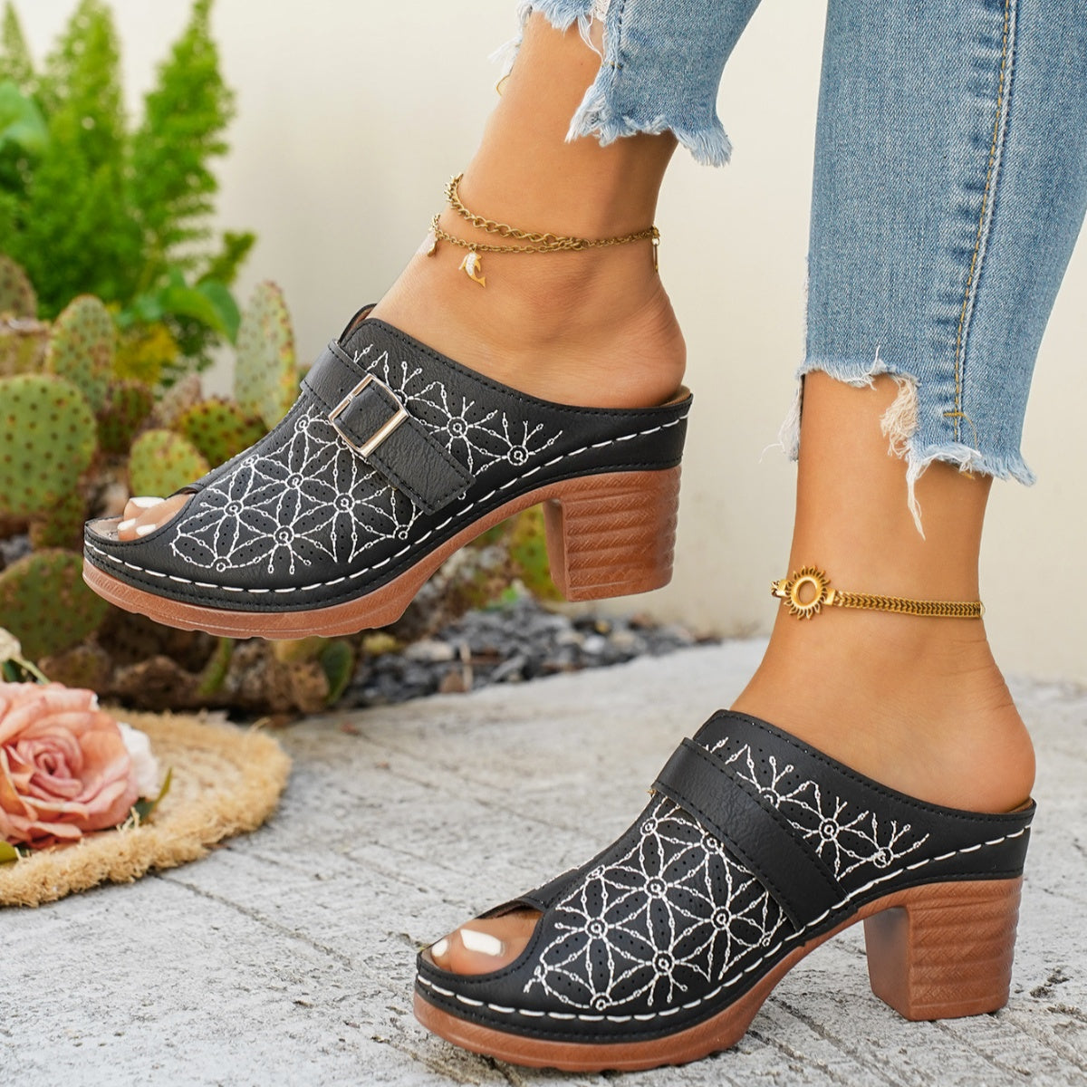Buckle Decor Block Heel Sandals - Be Bliss Boutique