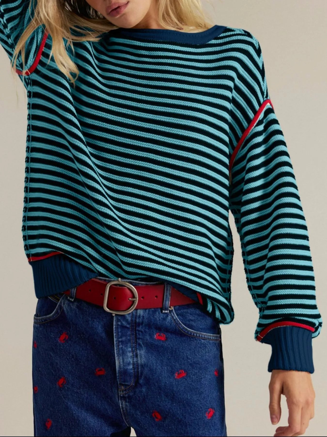 Striped Round Neck Long Sleeve Sweater -  Be Bliss Boutique