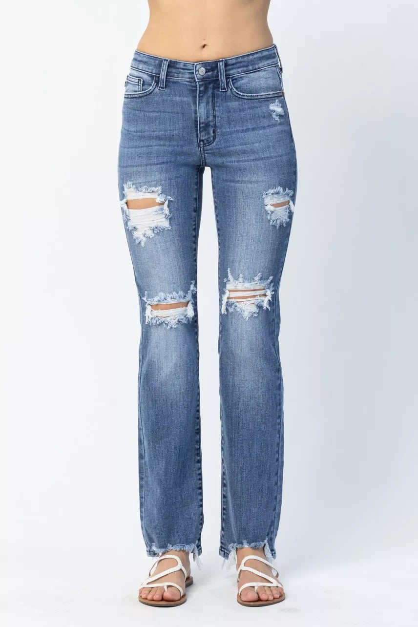 Judy Blue Full Size Mid Rise Destroy Straight Jeans Plus Size - Be Bliss Boutique