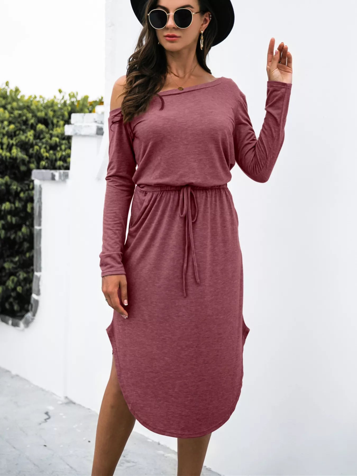 One-Shoulder Long Sleeve Midi Dress with Drawstring Waist - Be Bliss Boutique
