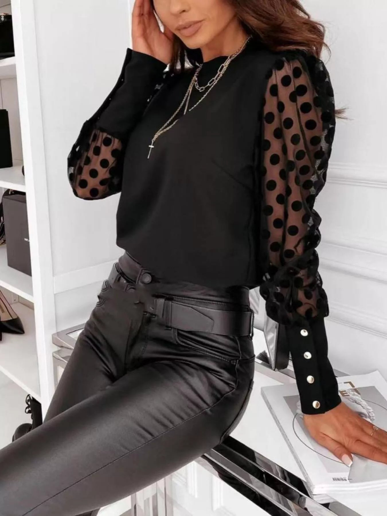Polka Dot Mesh Sleeve Blouse - Be Bliss Boutique
