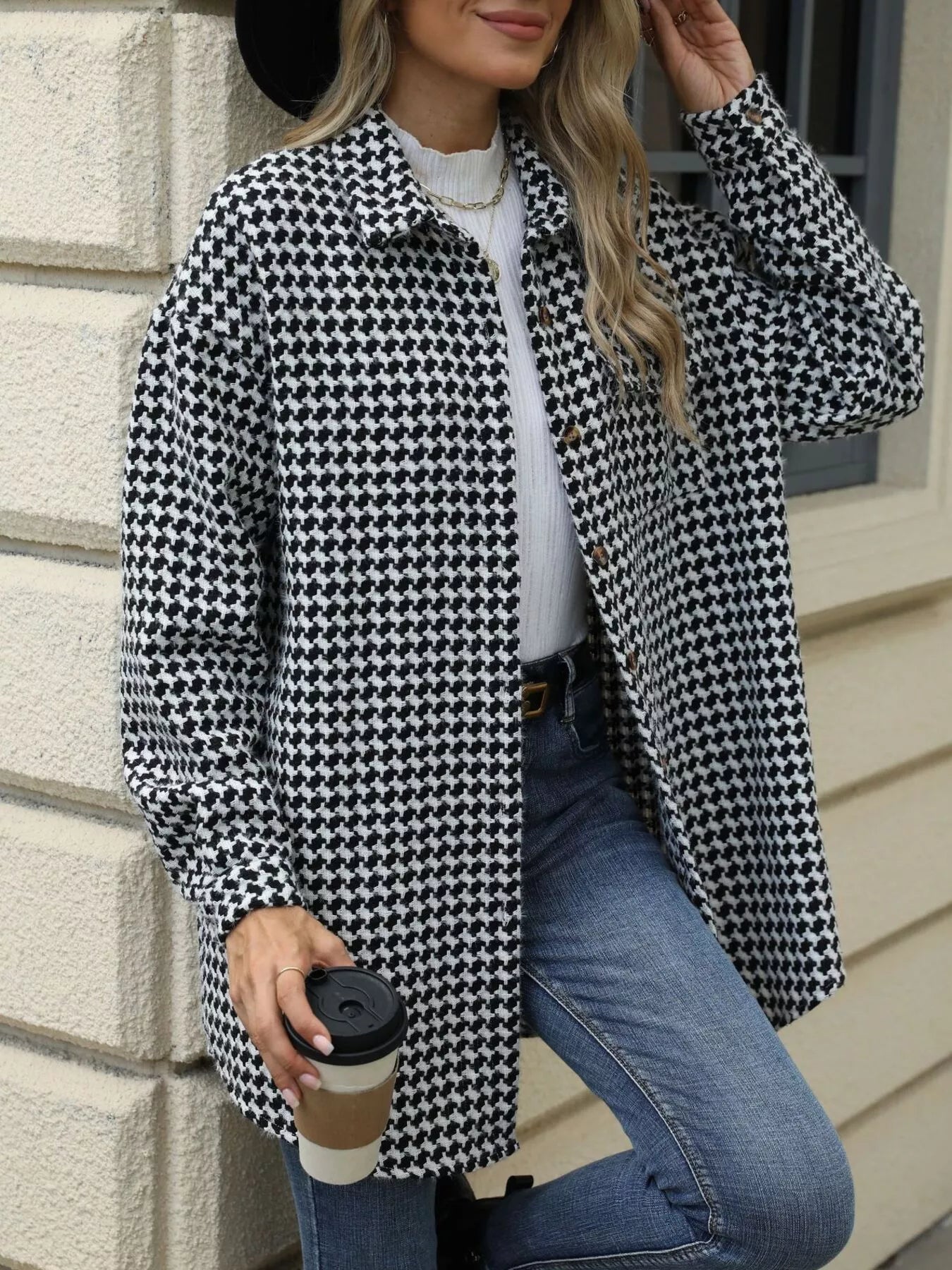 Houndstooth Button Up Long Sleeve Coat - Be Bliss Boutique