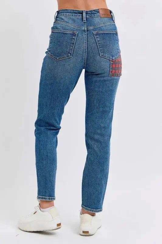 Judy Blue Full Size/Plus Size High Waist Plaid Patch Slim Fit Jeans | Be Bliss Boutique