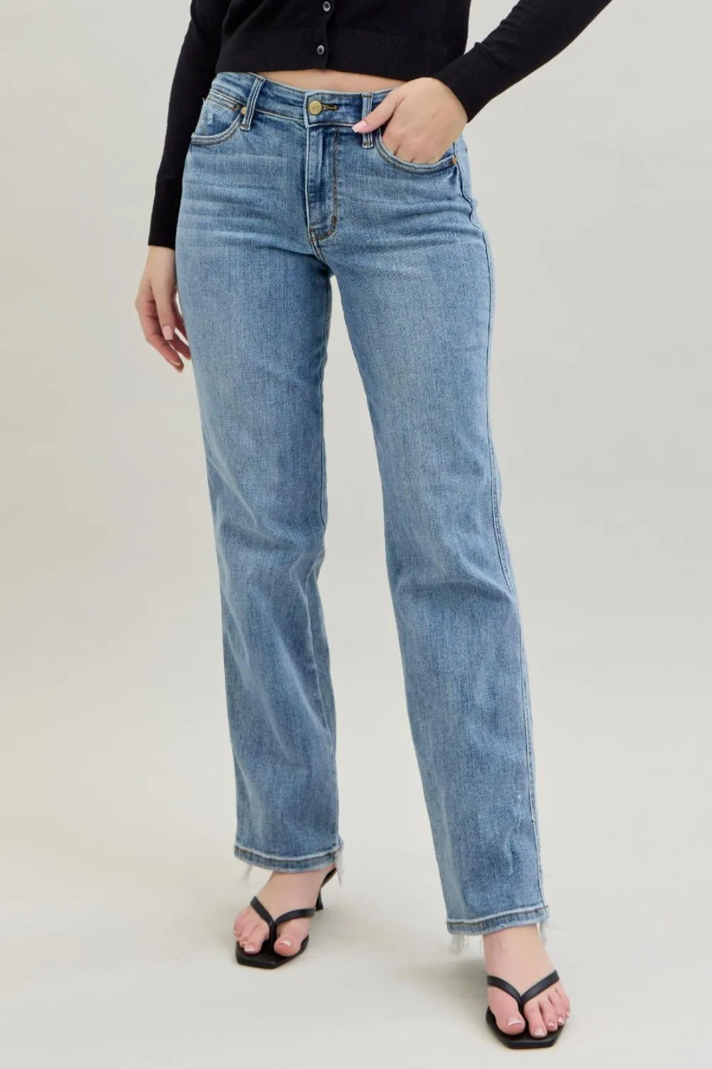 Judy Blue Jeans - Frayed Hem Cell Phone Pocket Dad Jeans -  Be Bliss Boutique