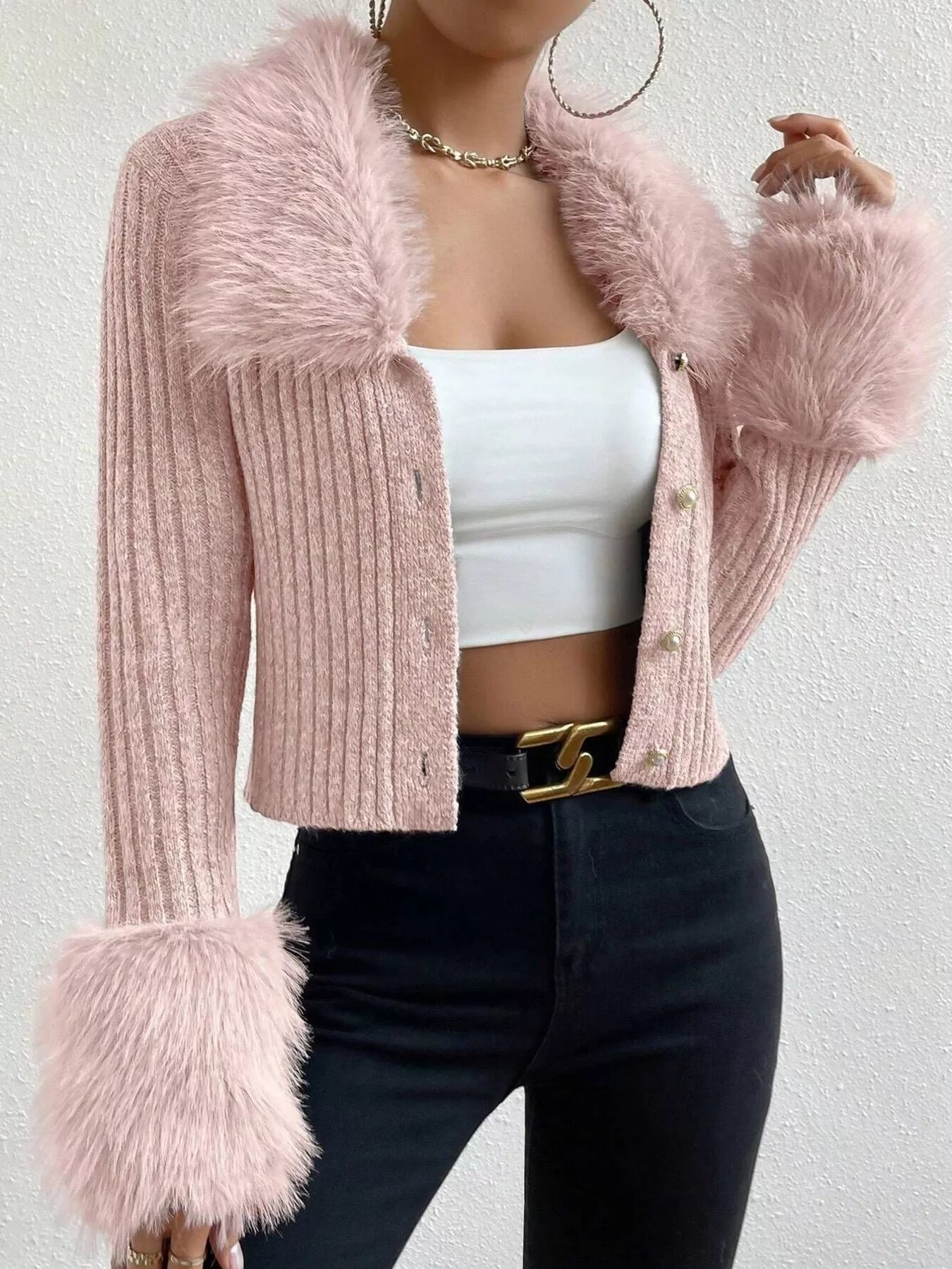 Faux Fur Trim Ribbed Knit Cropped Cardigan - Be Bliss Boutique