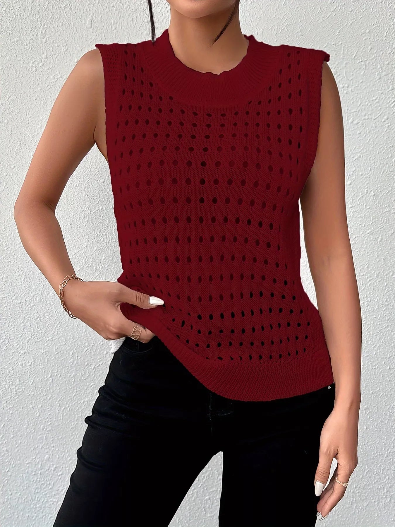 Hollow Out Round Neck Knit Tank -  Be Bliss Boutique