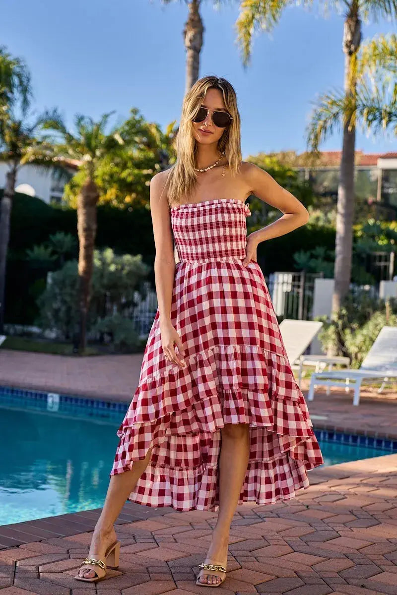 BiBi Smocked Body Off Shoulder Check Dress (Red) 