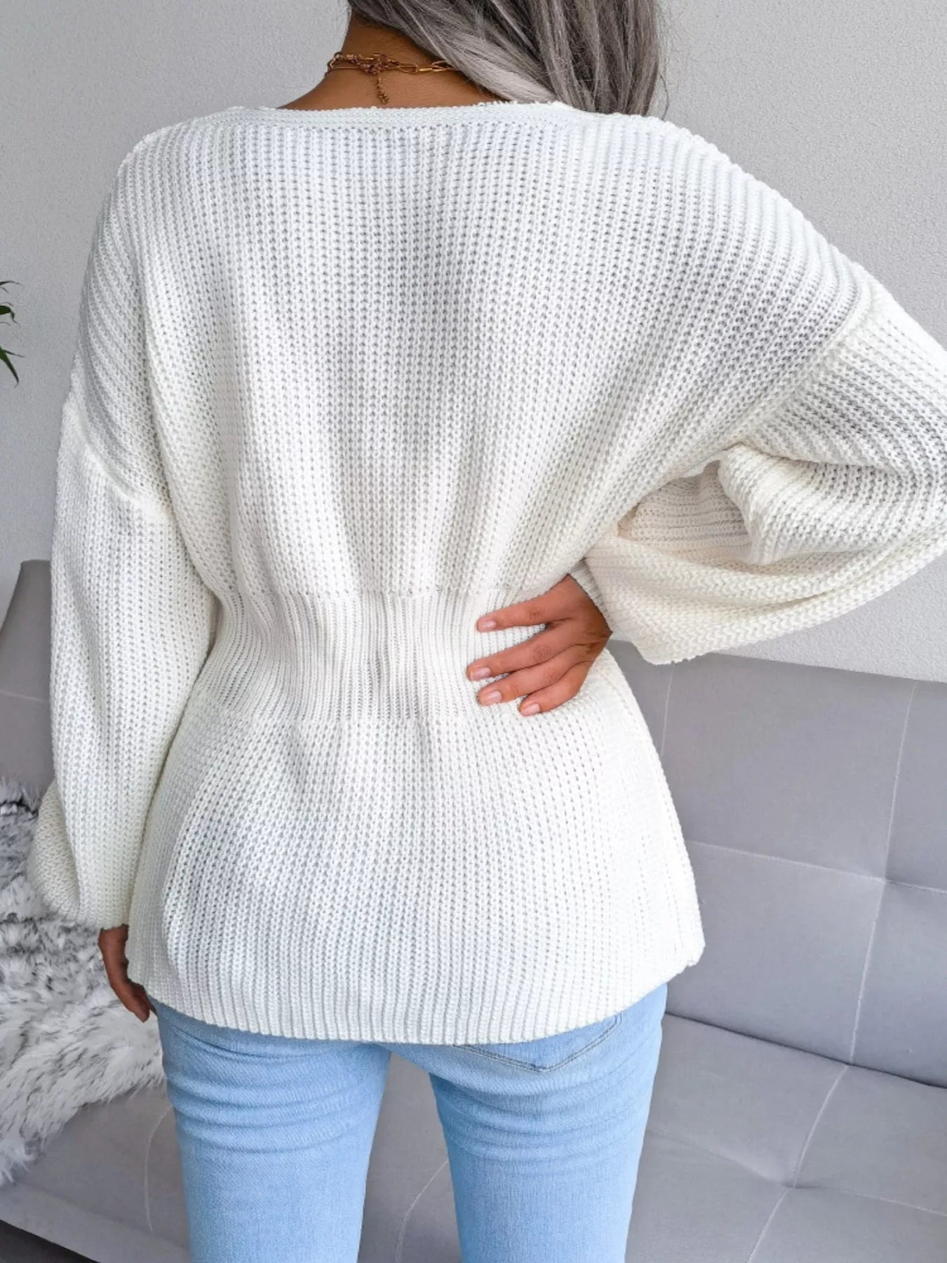 V-Neck Dropped Shoulder Sweater - Be Bliss Boutique