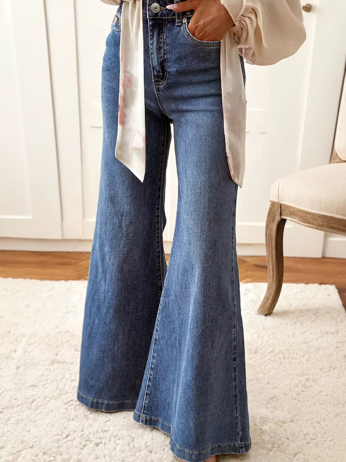 High Waist Button Zip Flare Leg Jeans - Be Bliss Boutique