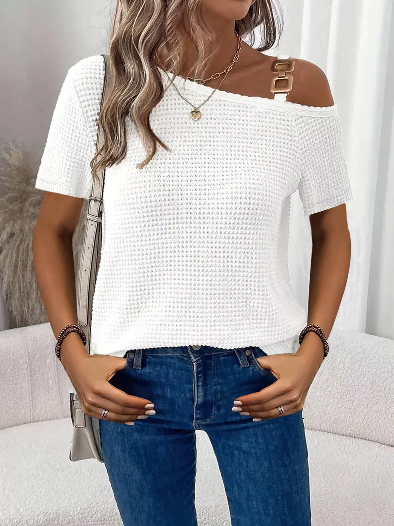 Chain Detail Waffle Knit One Shoulder T Shirt - Be Bliss Boutique