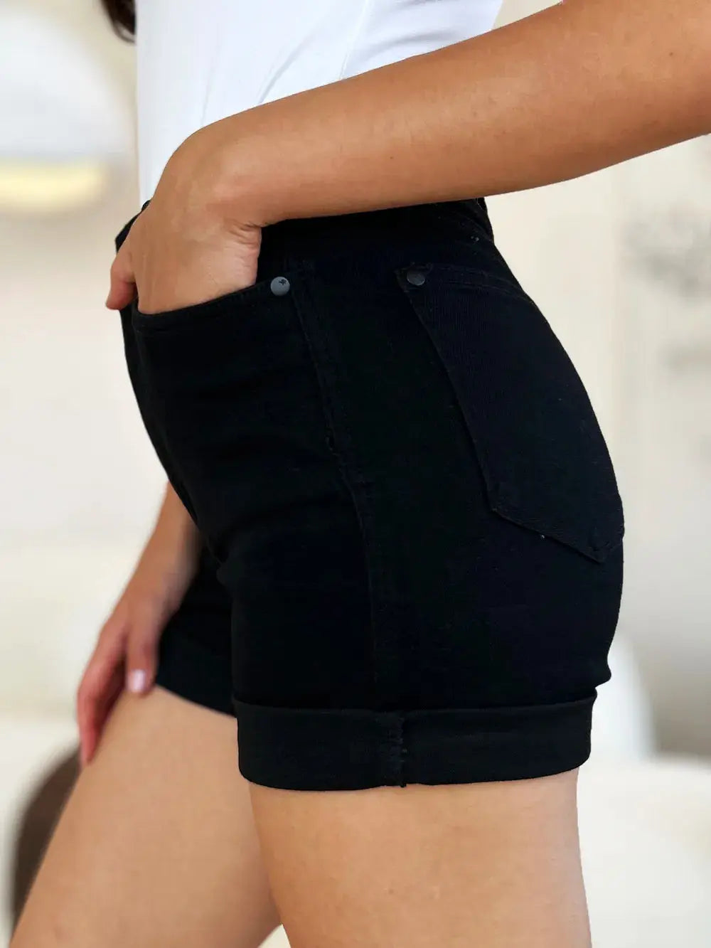 Judy Blue Full Size/Plus Size High Waist Tummy Control Cuffed Denim Shorts | Be Bliss Boutique
