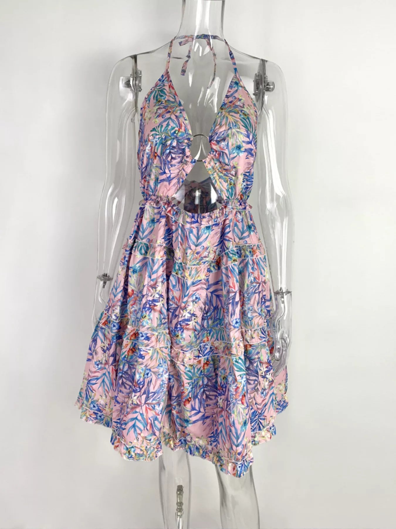 Colorful Print Halter Neck Ruffle Mini Dress - Be Bliss Boutique