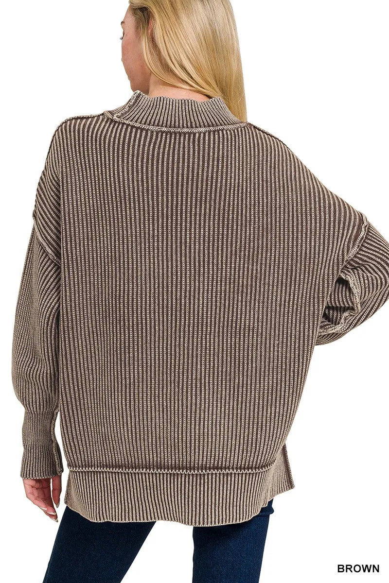 Zenana Washed Side Slit Oversized Sweater -  Be Bliss Boutique