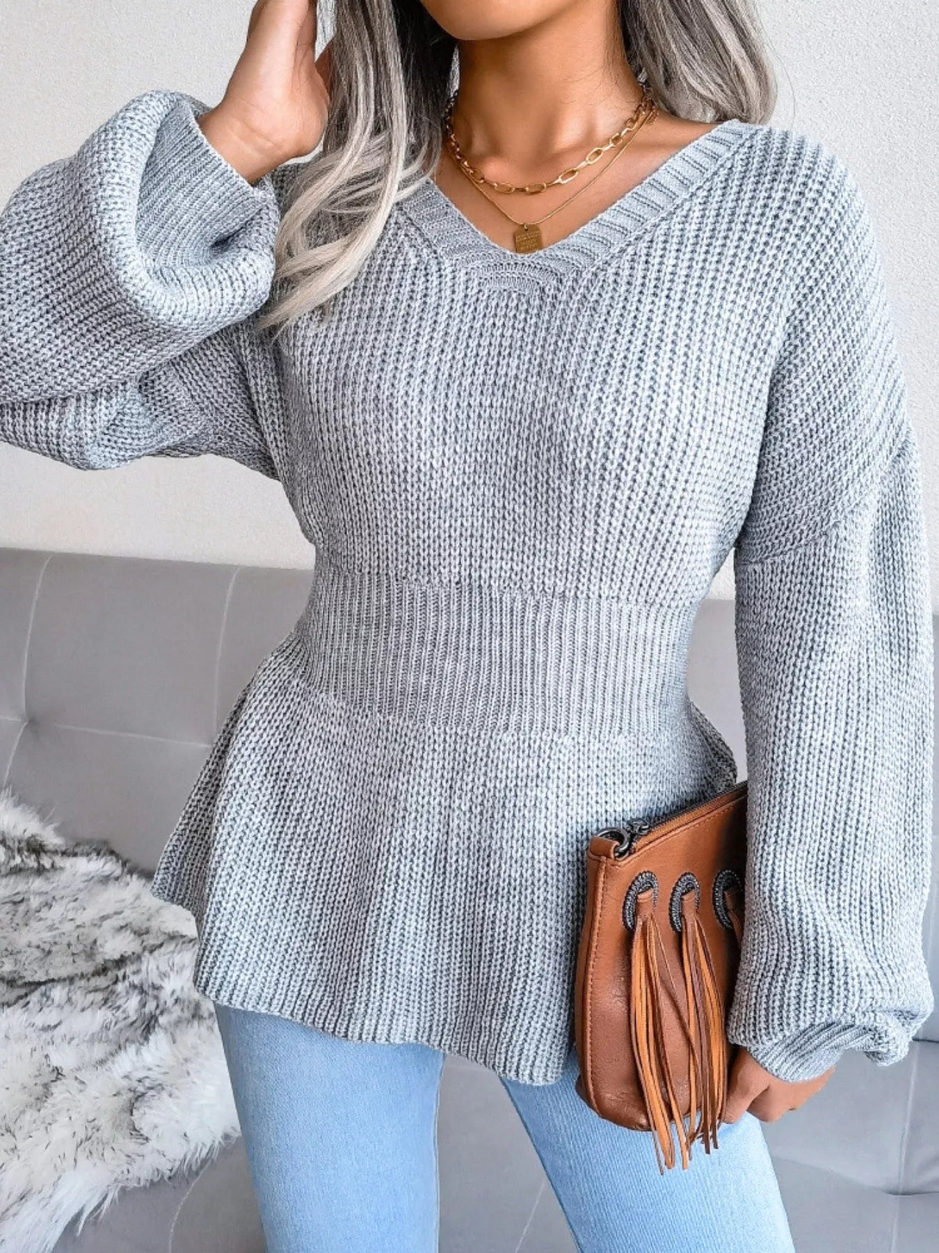 V-Neck Dropped Shoulder Sweater - Be Bliss Boutique