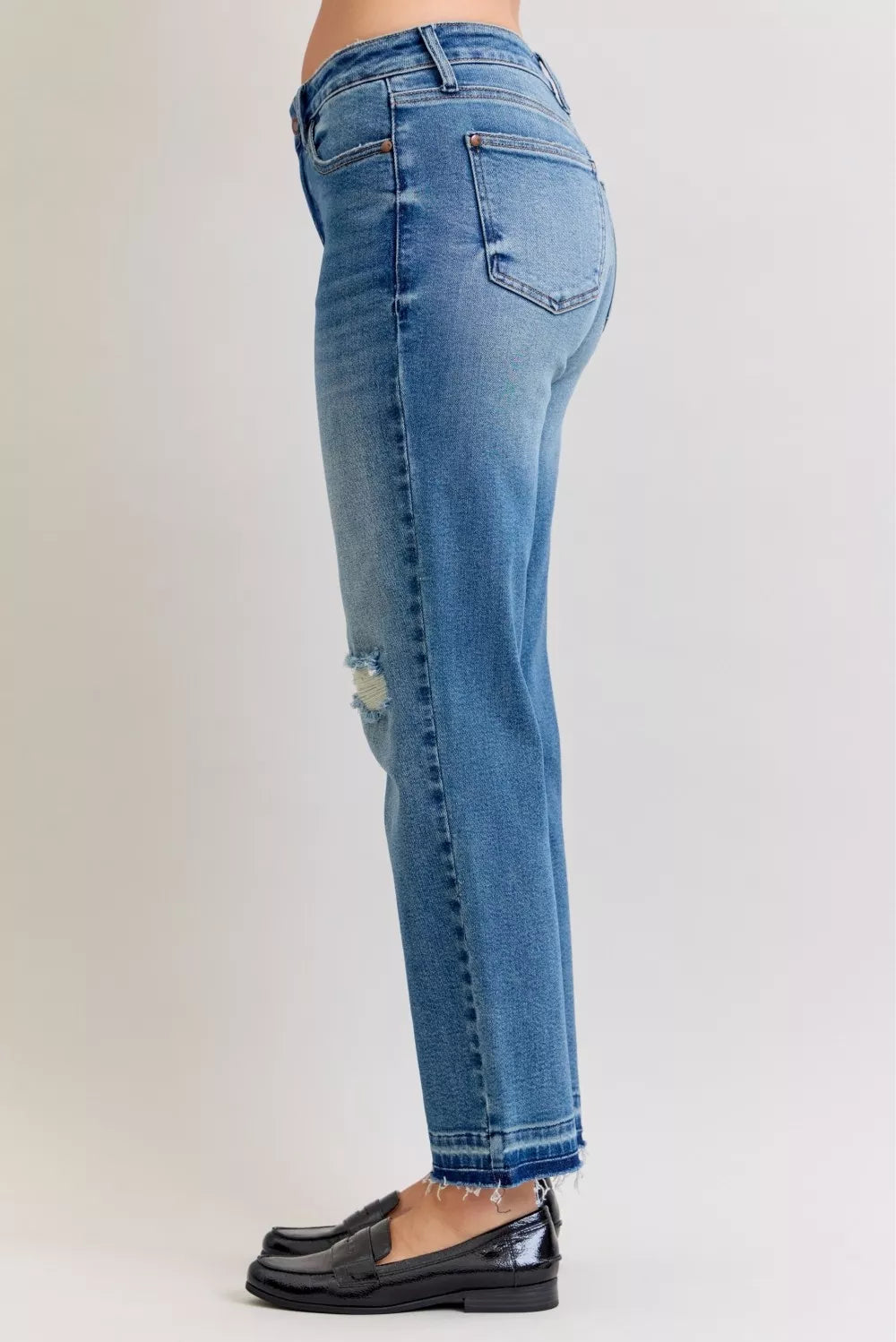 Judy Blue Full Size Mid Rise Bf Patch & Repair Destroy Release Hem Jeans Plus Size - Be Bliss Boutique