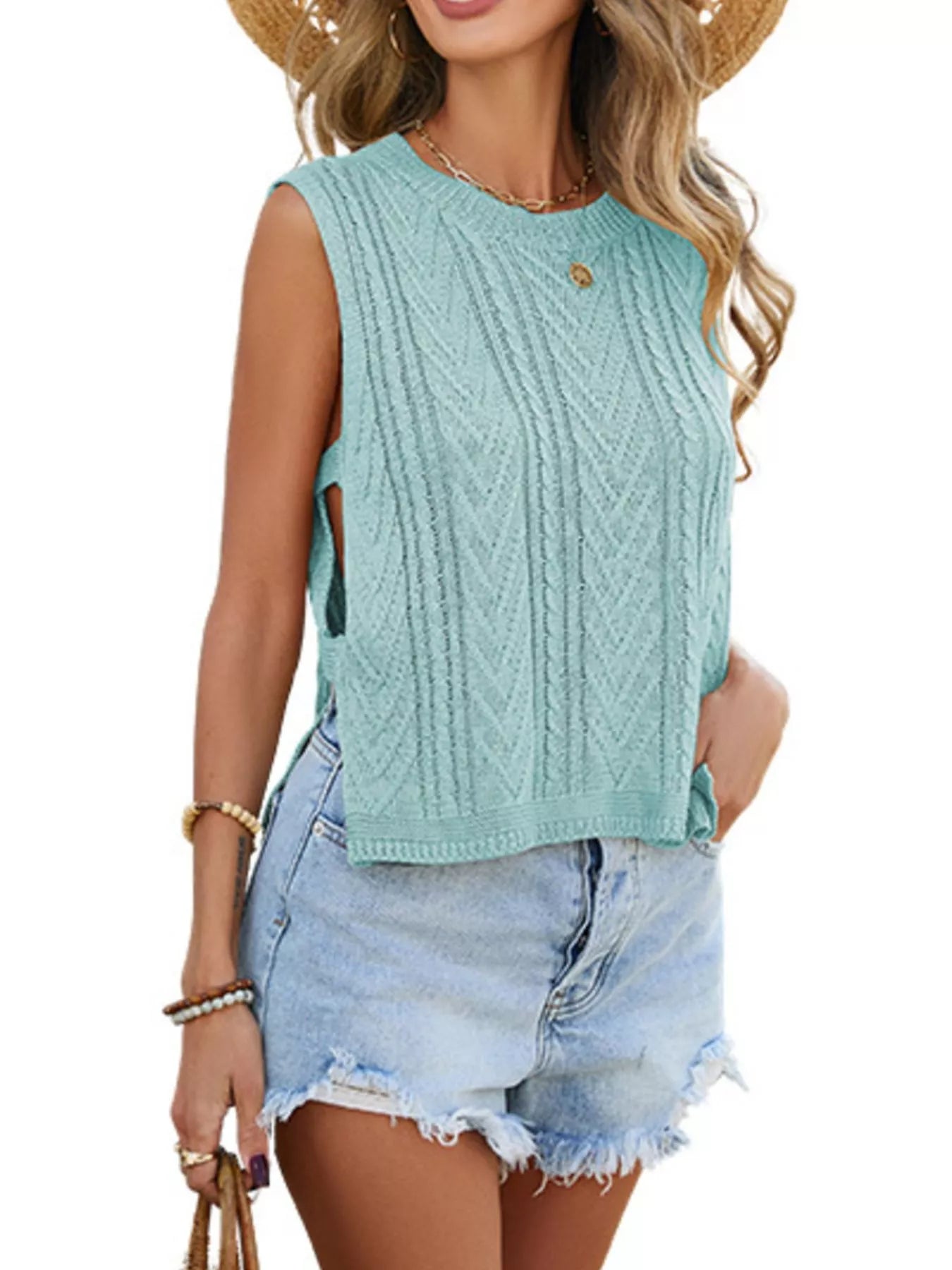 Cable Knit Round Neck Sweater Vest - Be Bliss Boutique