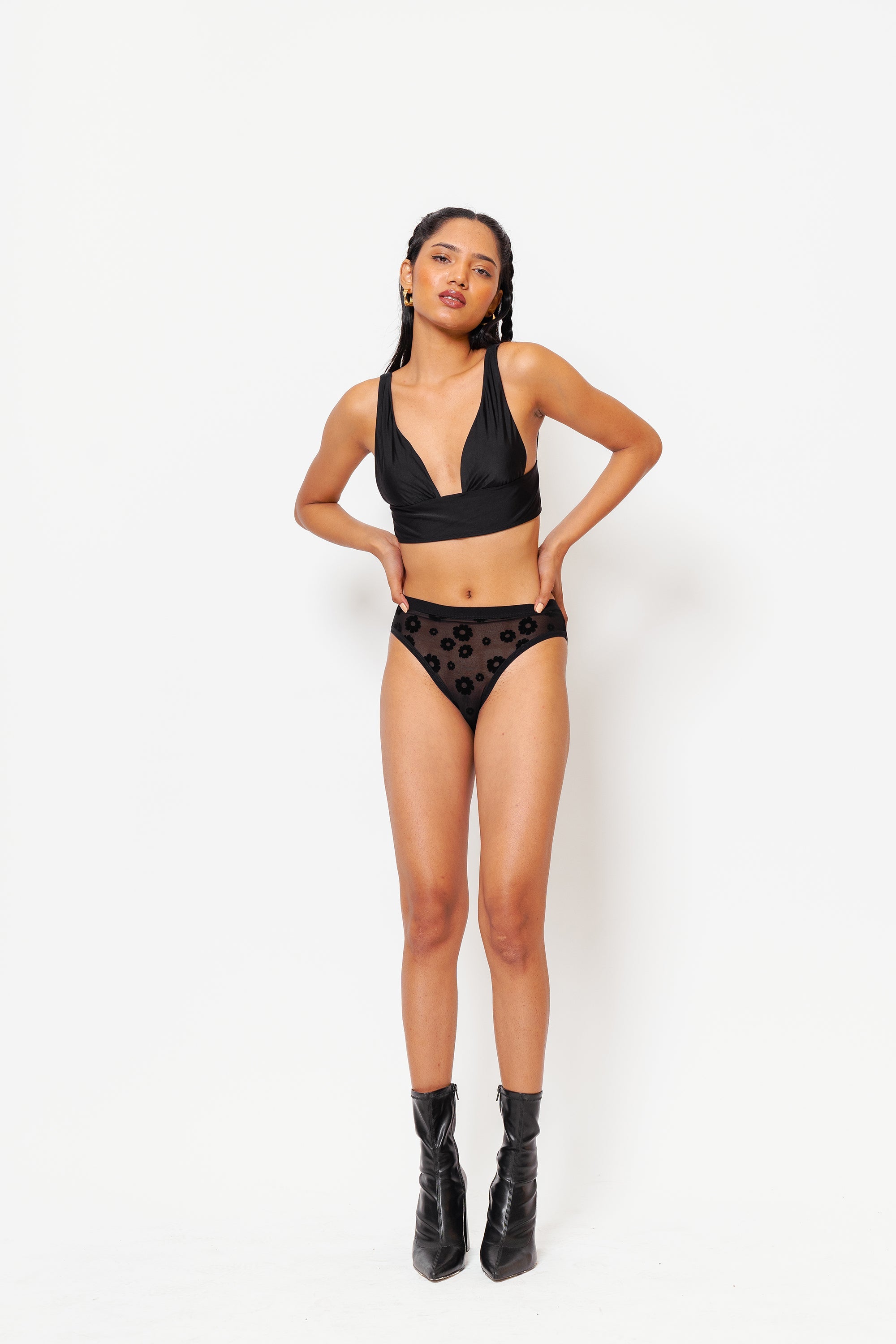 Black Daisy Flocked Mesh High Waist Bikini - Be Bliss Boutique