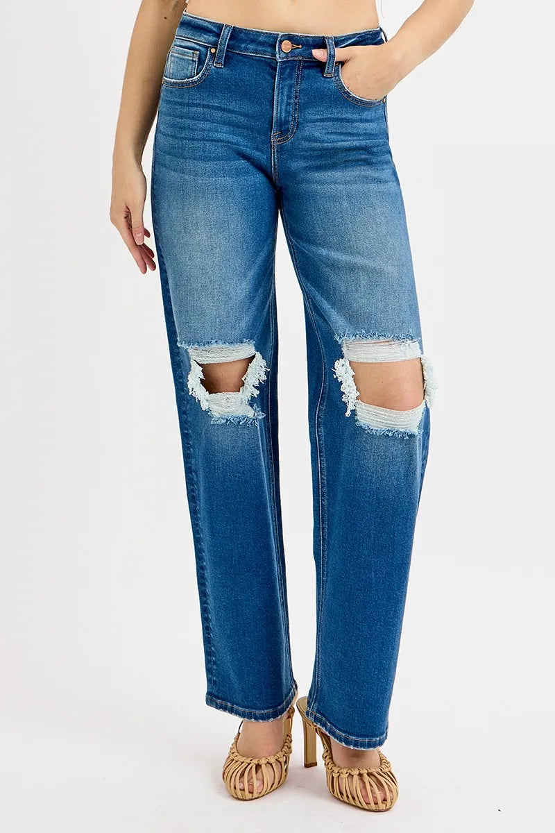 RISEN Full Size Mid Waist Fit Boyfriend Knee Distressed Jeans Plus Size | Be Bliss Boutique