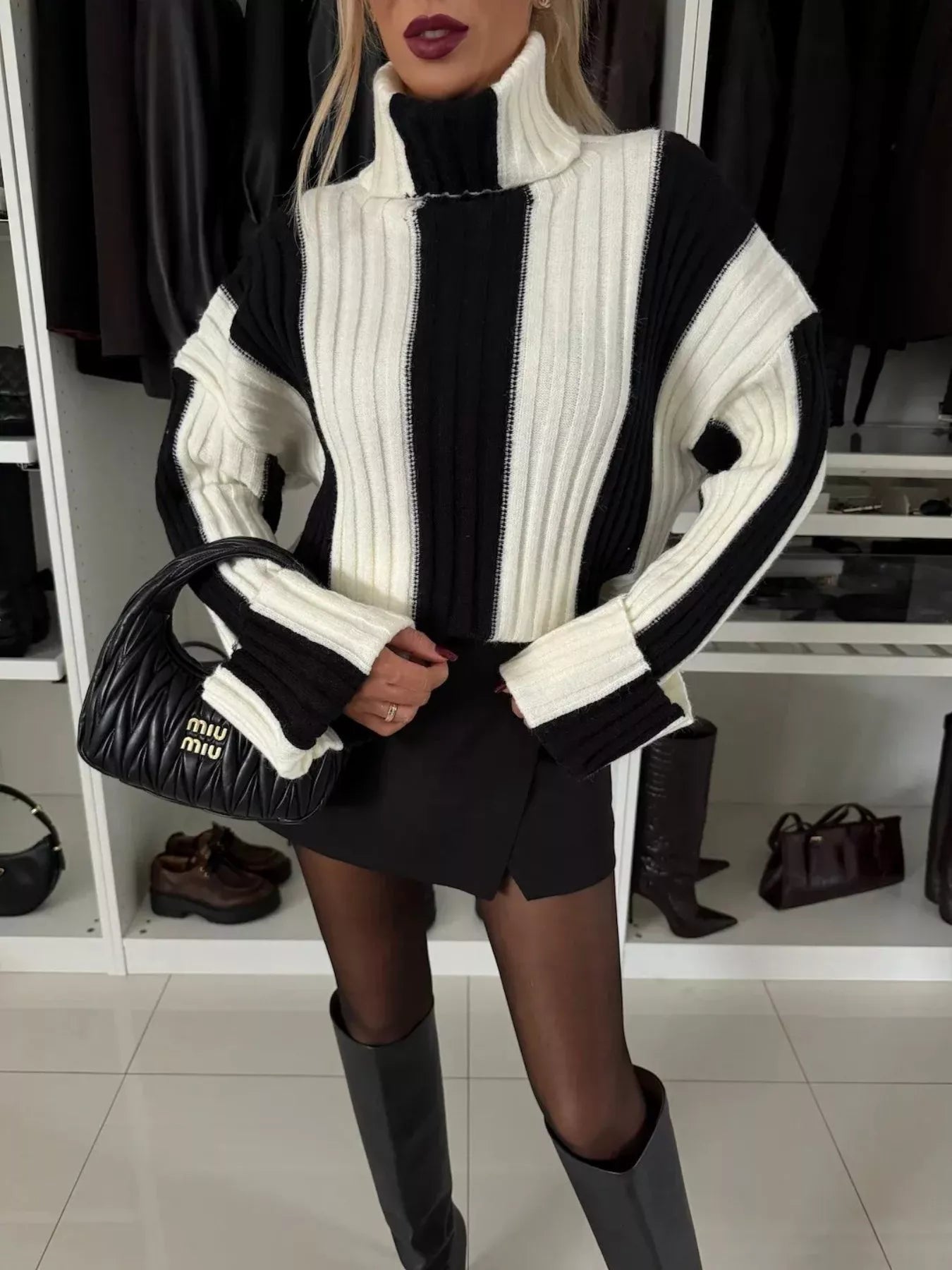 Color Block Ribbed Turtleneck Sweater -  Be Bliss Boutique