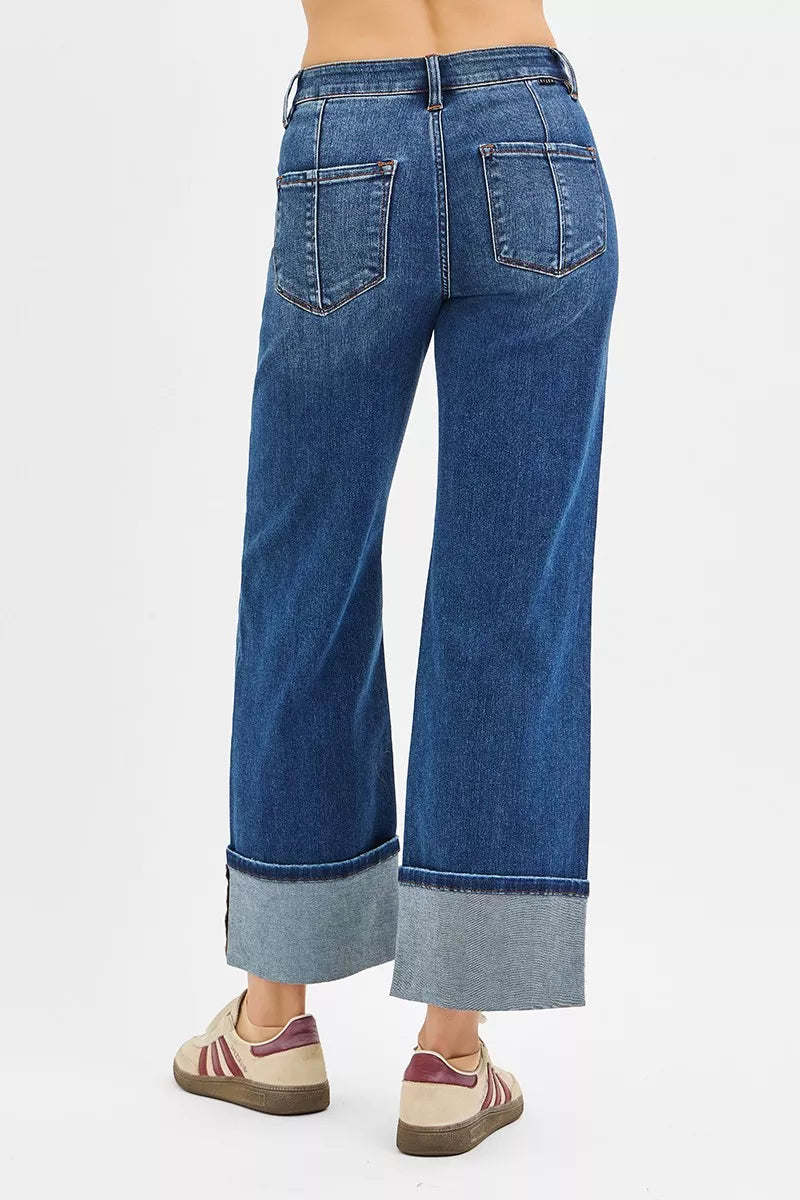 RISEN Full Size High Rise Crop Wide Straight Cuffed Jeans Plus Size - Be Bliss Boutique