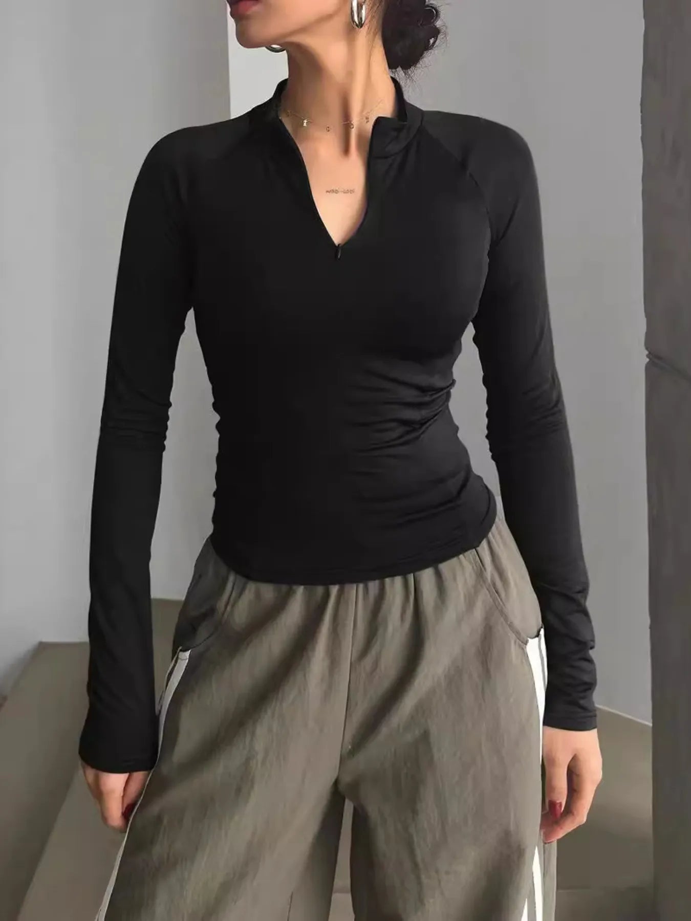 Long Sleeve Zip Front Fitted T-Shirt - Be Bliss Boutique