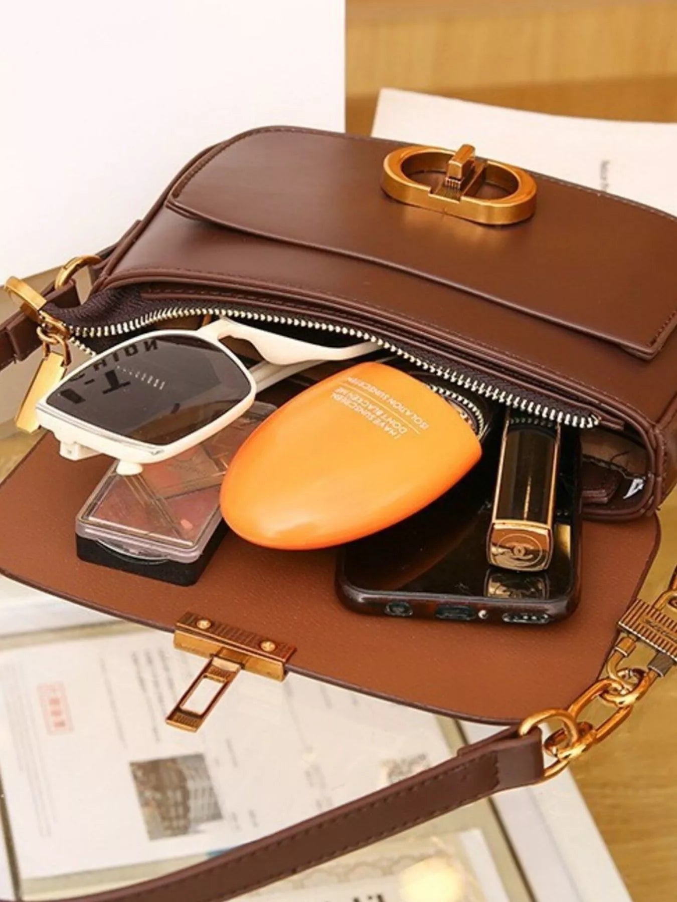 Classic Gold Lock Leather Flap Shoulder Bag - Be Bliss Boutique