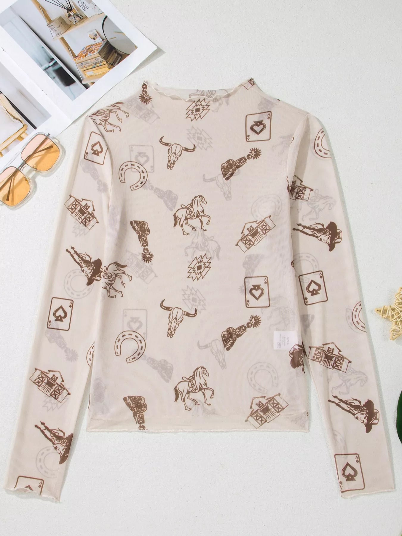 Western Print Slim Fit Mesh Long Sleeve Mock Neck Top - Be Bliss Boutique