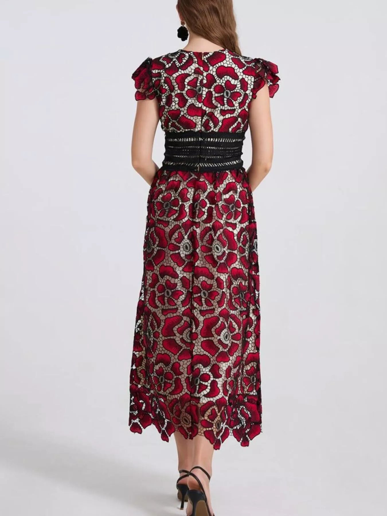 Printed V-Neck Ruffle Sleeve Midi Dress - Be Bliss Boutique