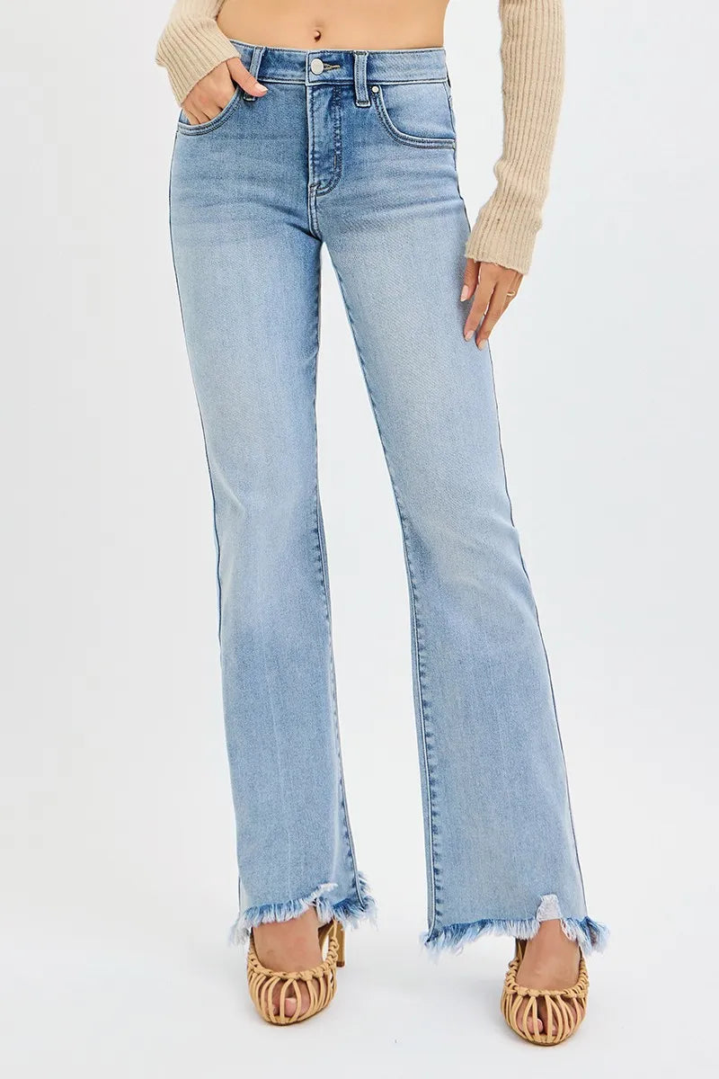 RISEN Full Size Tummy Control Mid Rise Flare Jeans with Fray Hem Detailed Plus Size -  Be Bliss Boutique