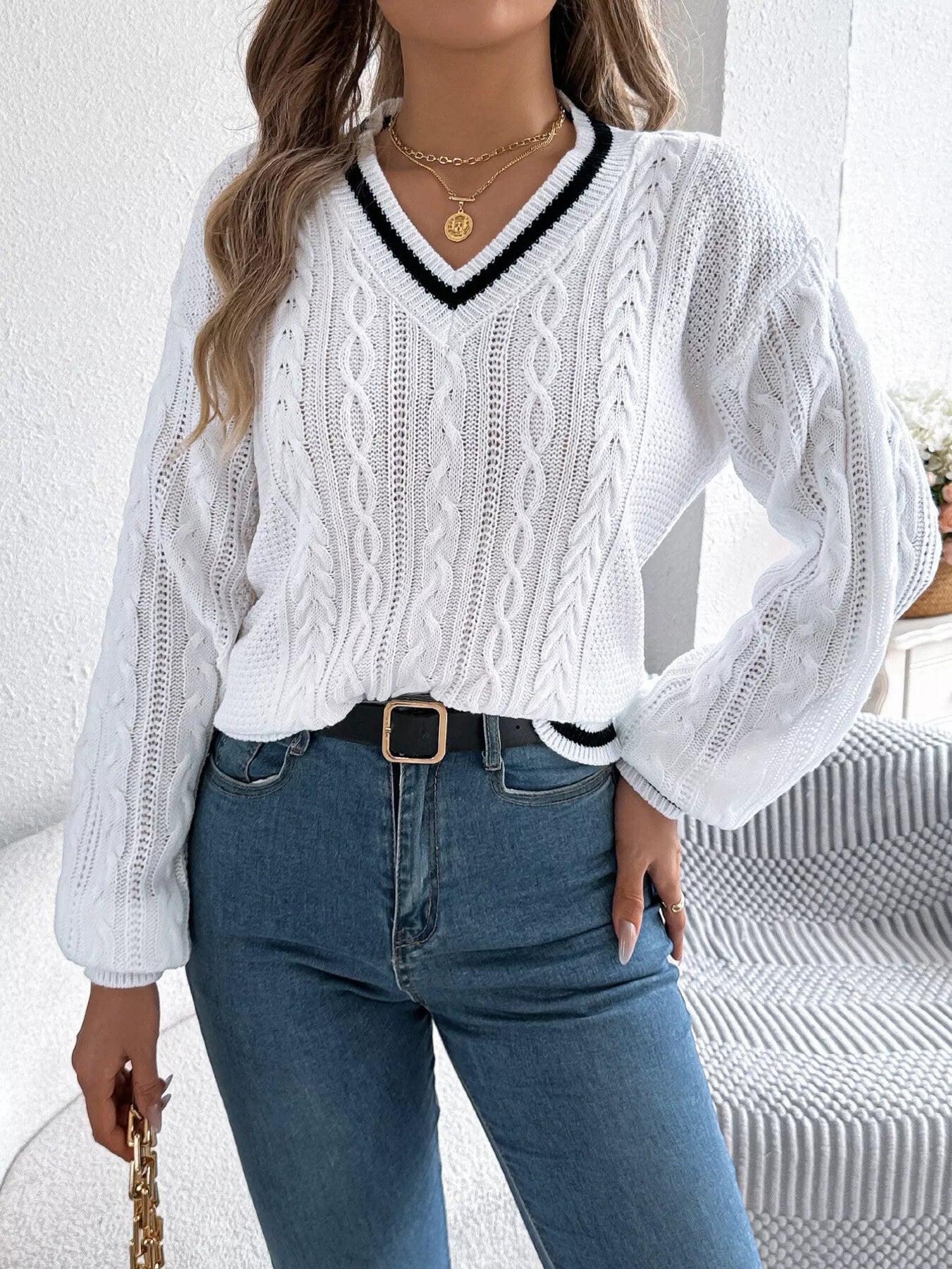 Cable Knit V-Neck Long Sleeve Sweater - Be Bliss Boutique