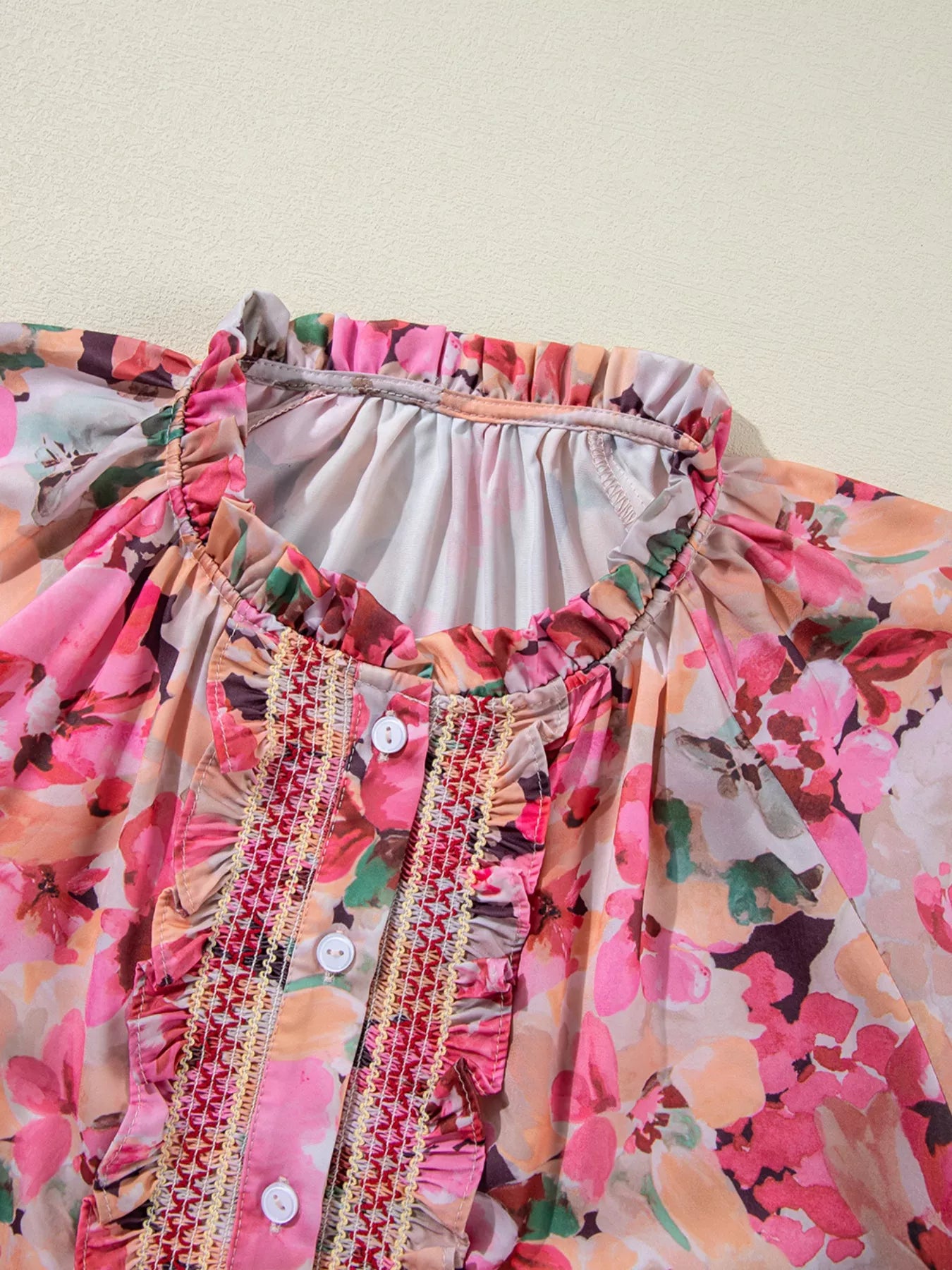 Floral Print Ruffle Trim Long Sleeve Shirt - Be Bliss Boutique