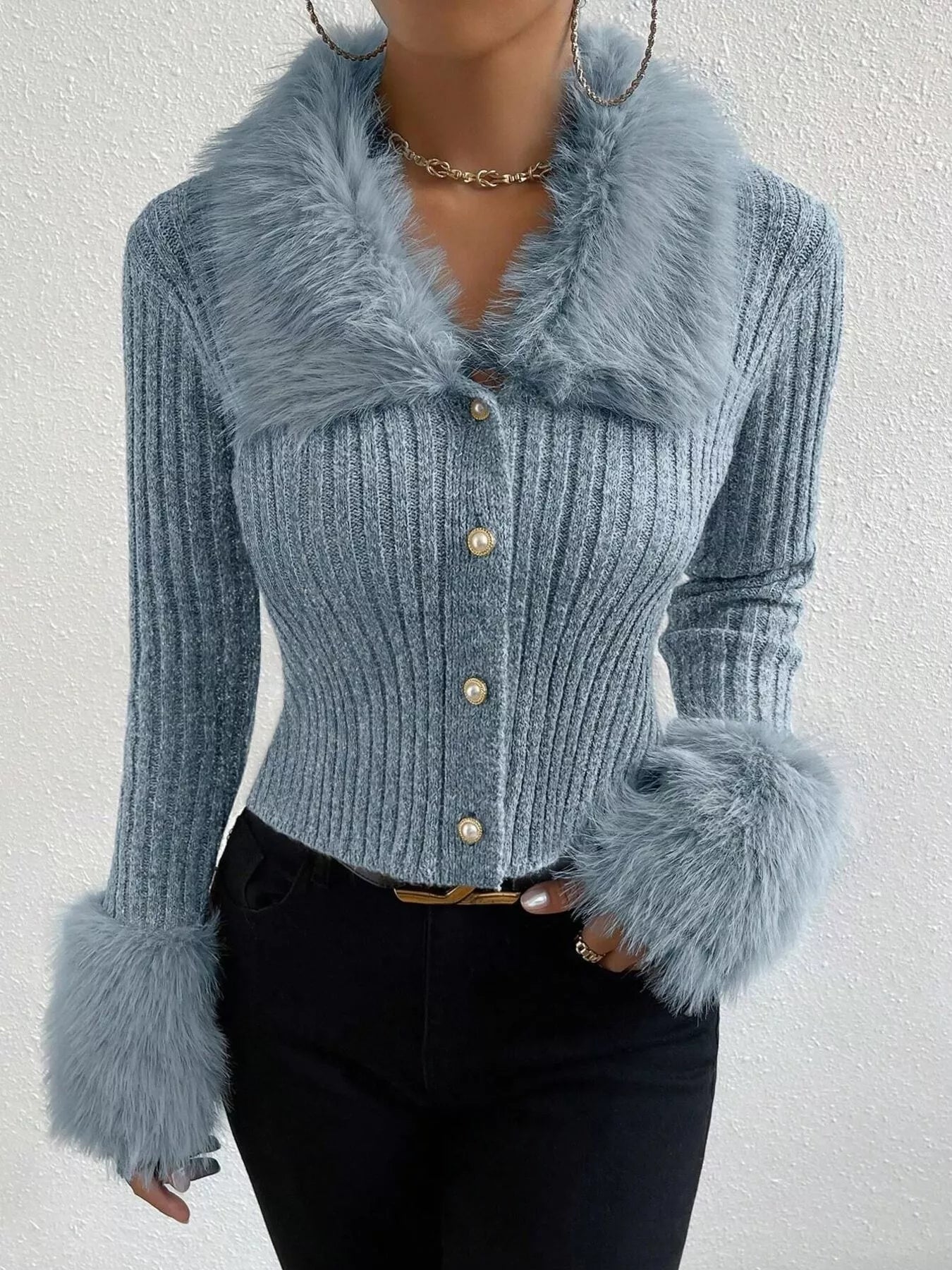 Faux Fur Trim Ribbed Knit Cropped Cardigan - Be Bliss Boutique