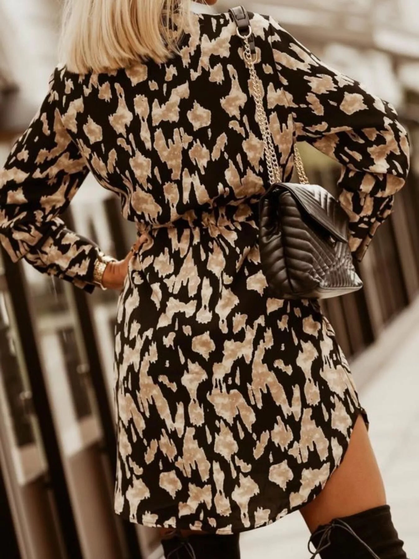 Printed Button Front Long Sleeve Dress -  Be Bliss Boutique