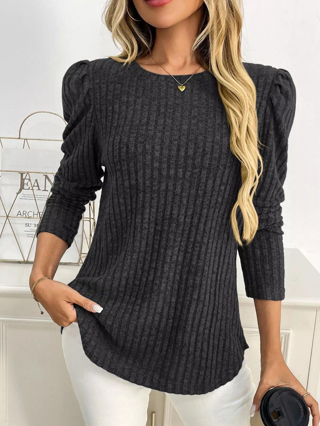 Round Neck Puff Sleeve T-Shirt - Be Bliss Boutique