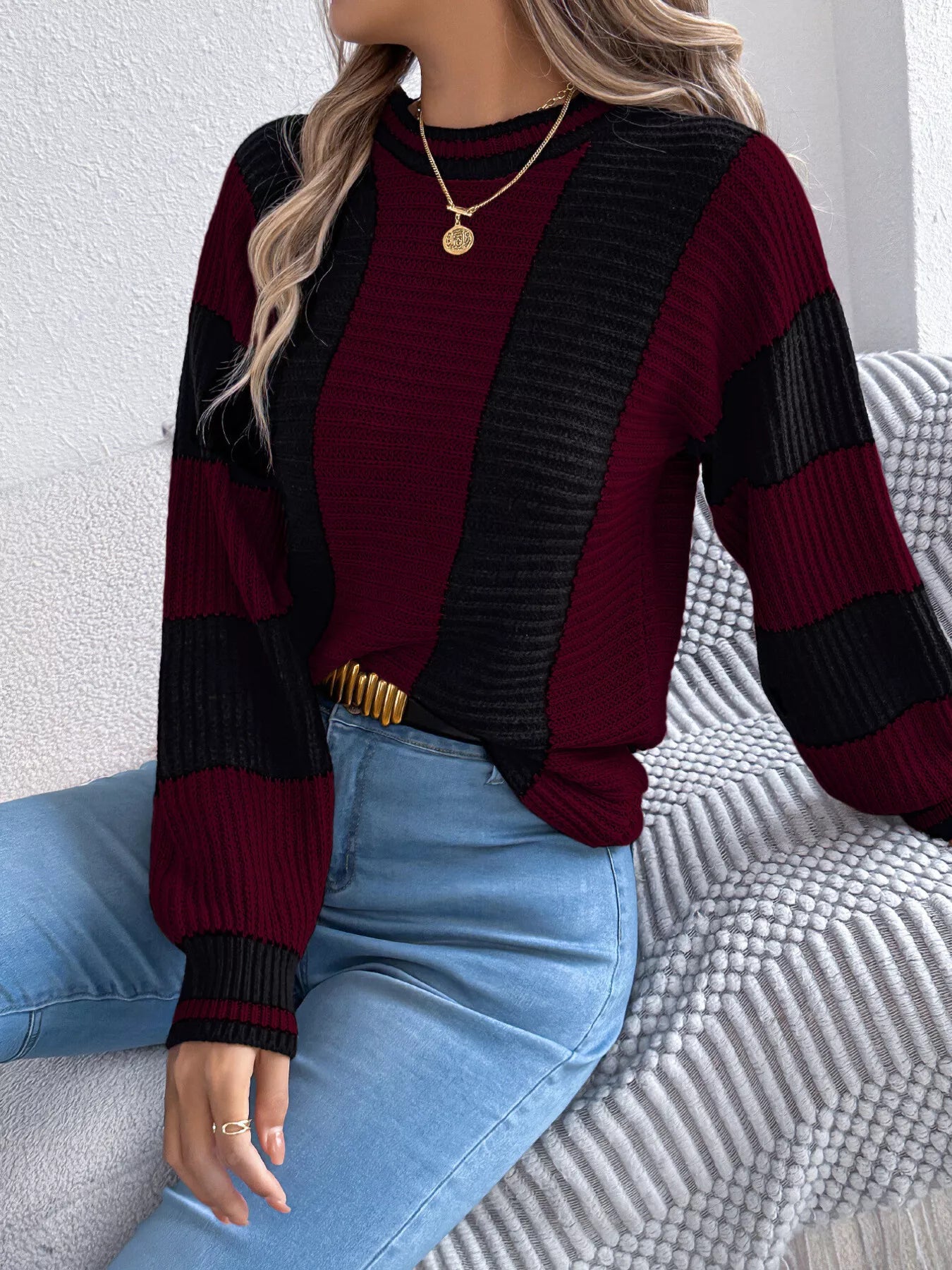 Color Block Round Neck Sweater - Be Bliss Boutique